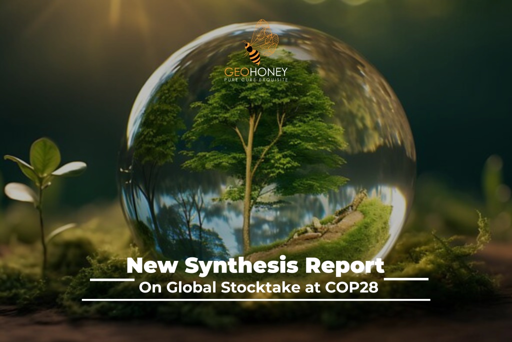 The image shows the cover page of the UN Climate Change's synthesis report on the global stocktake at COP28.
